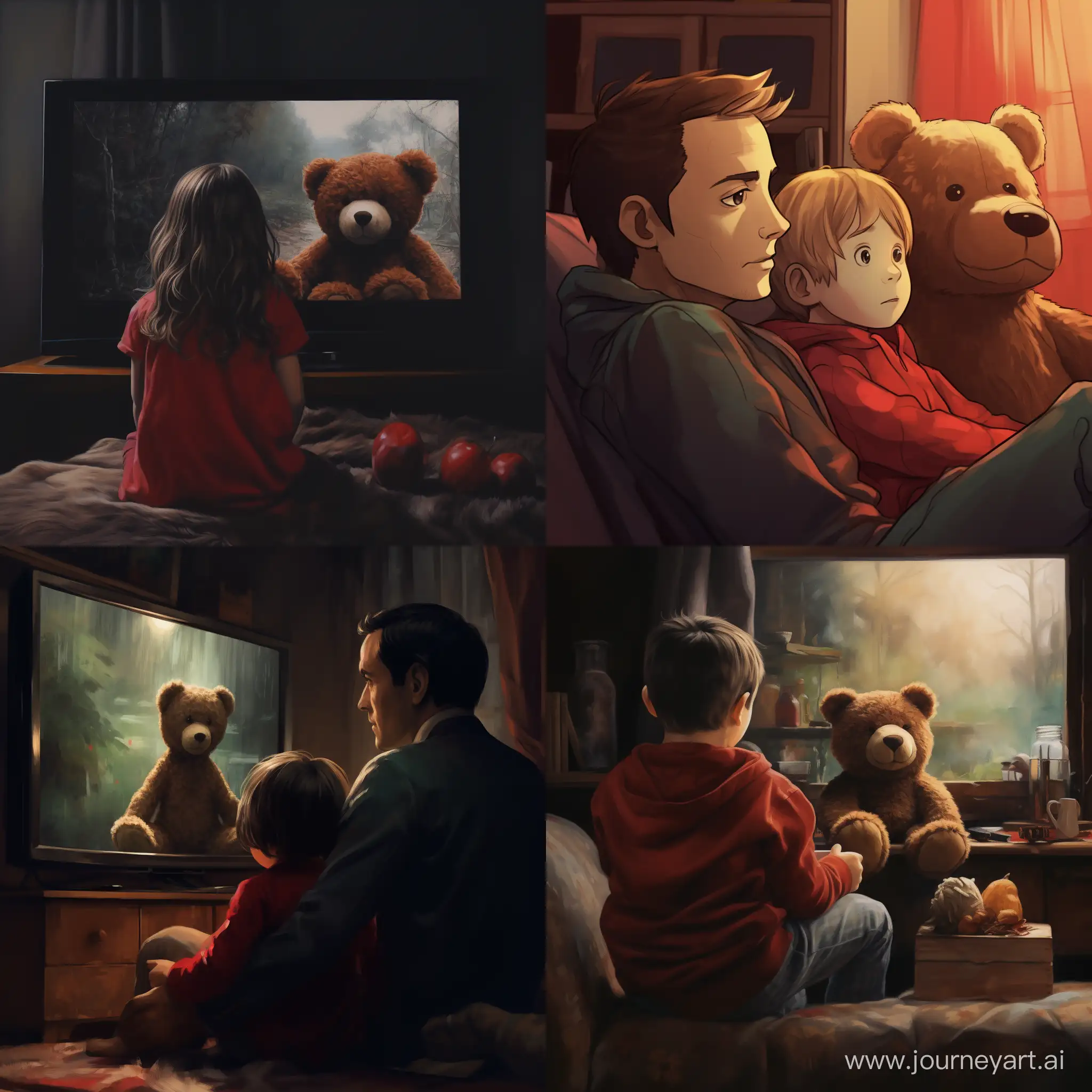 دیدن تلویزیون بچه و عروسک خرسی کنار هم