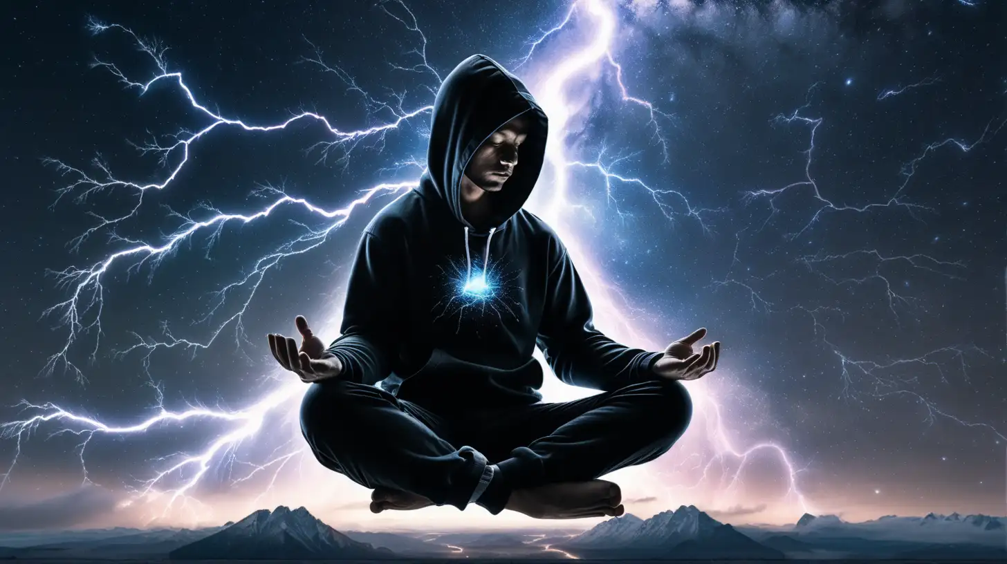Man meditating, in outerspace, facing the galaxy, with 100 lightning bolts coming out of him, wearing a black hoodie, levitating, face covered