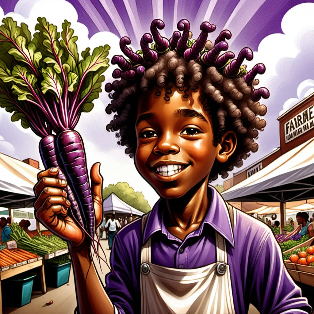 cartoon ernie barnes style african american 10 year old boy with curly hair holding purple carrots in the air at the farmer's market 