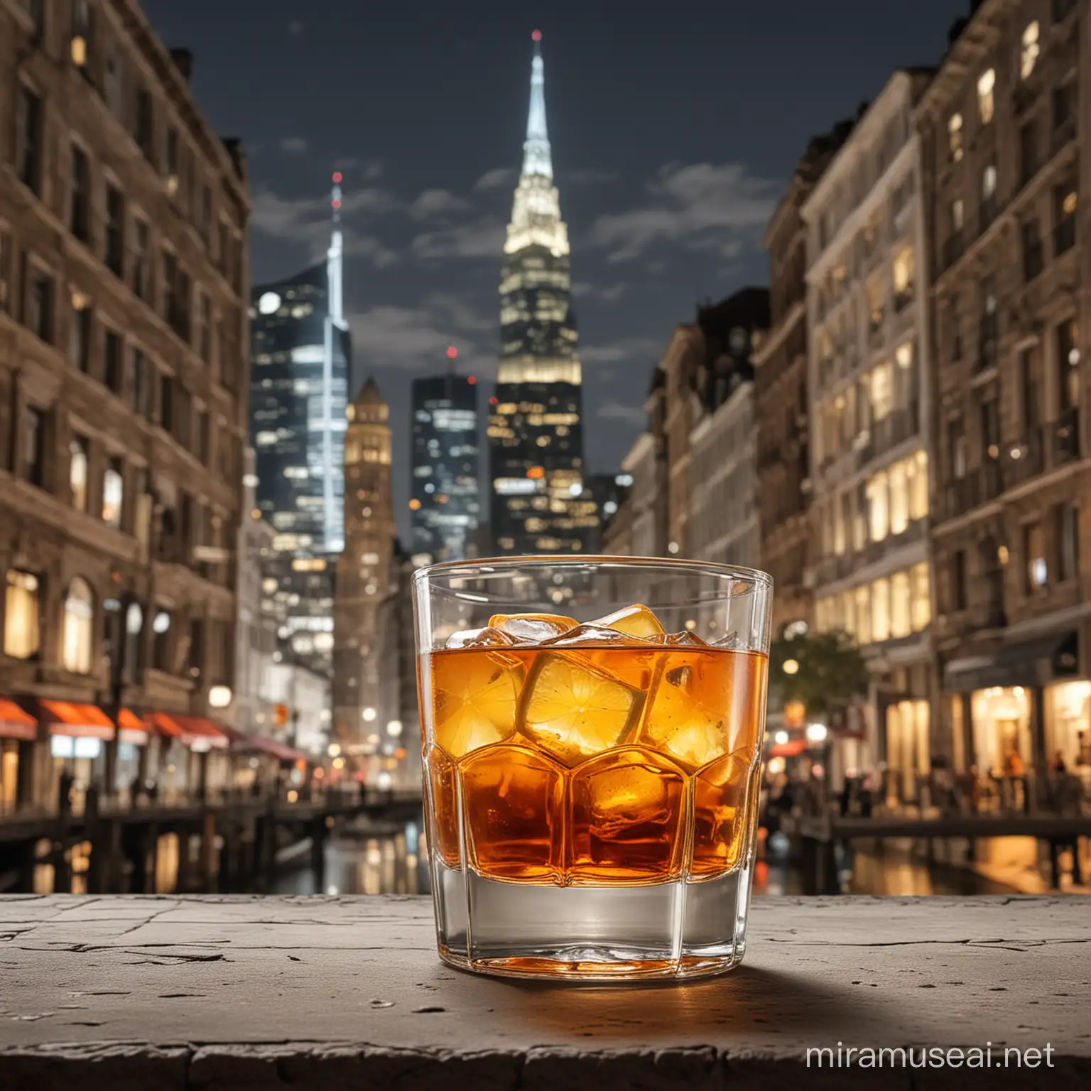 adv for drink in a glass with urban background