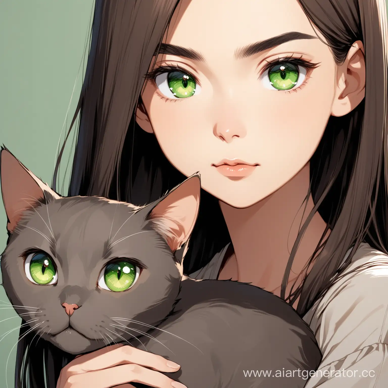 Молодая девушка с овальным лицом и немного выделенными скулами, темными каштановыми прямыми волосами средней длины, зелеными глазами, тонкими бровями и тонкими губами, рядом с ней серая кошка. 