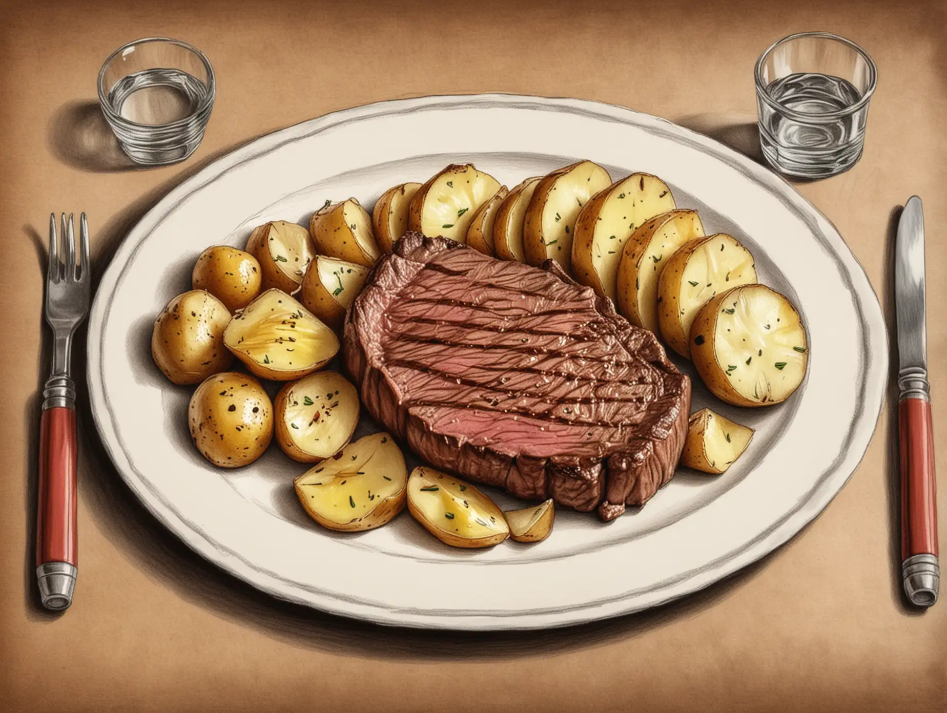 Hand Drawn Colored Pencil Sketch of Steak and Potatoes on a Dinner Plate