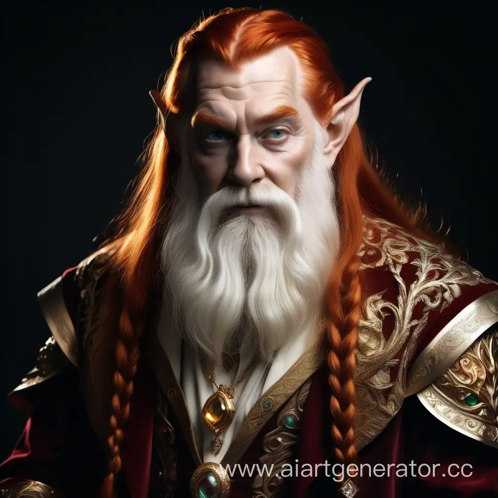 A dwarf man with long elven ears, a very long white beard and long red hair, dressed in rich and expensive clothes, decorated with gold and precious stones