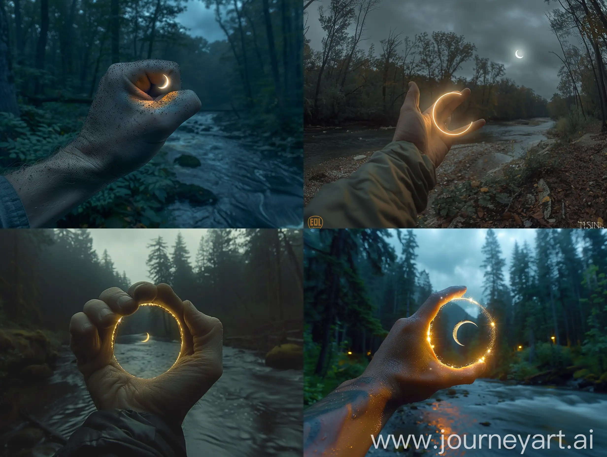 A first-person POV shot of one hand forming a circle across its fist and showing a crescent moon feeling light on a dark night, in a forest and a river. You look through your hand and see the crescent in the sky through your hand --ar 4:3 --s 500 --style raw --v 6
