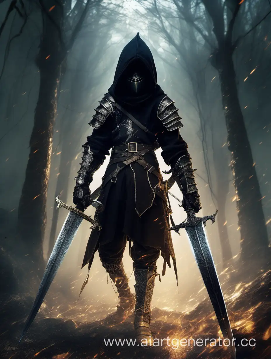 in a fantasy world, a boy with two swords and black hoody, like a dark souls style
