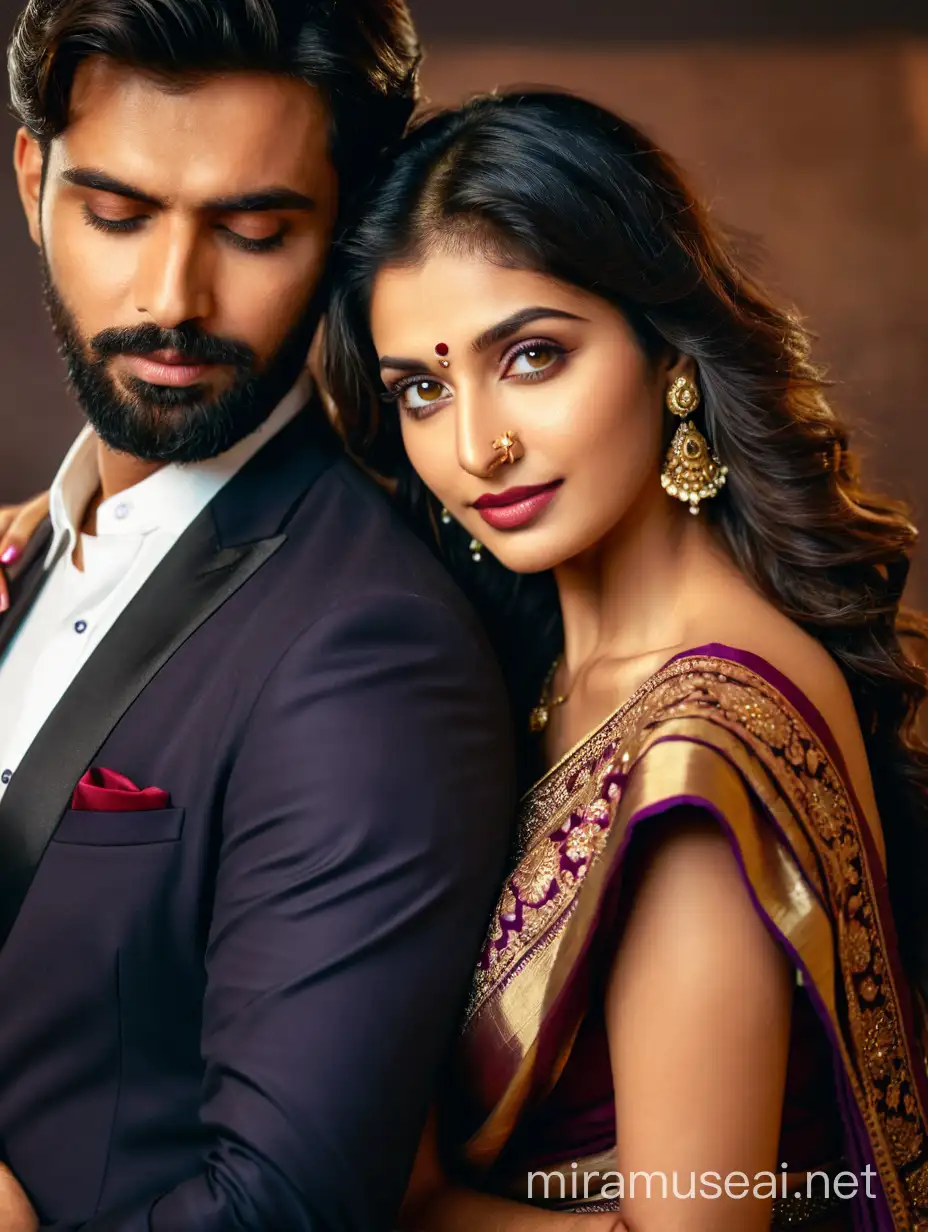 Emotional Indian Couple in Traditional Attire with Stylish Beard and Formal Wear