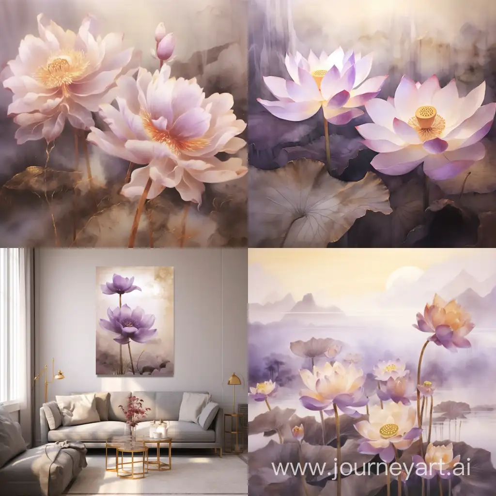 New Chinese painting high definition, abstract of flickering purple lotus flowers water color art in crystal, earthy tones, golden abstract art shimmering golden metallic sun rays through fog