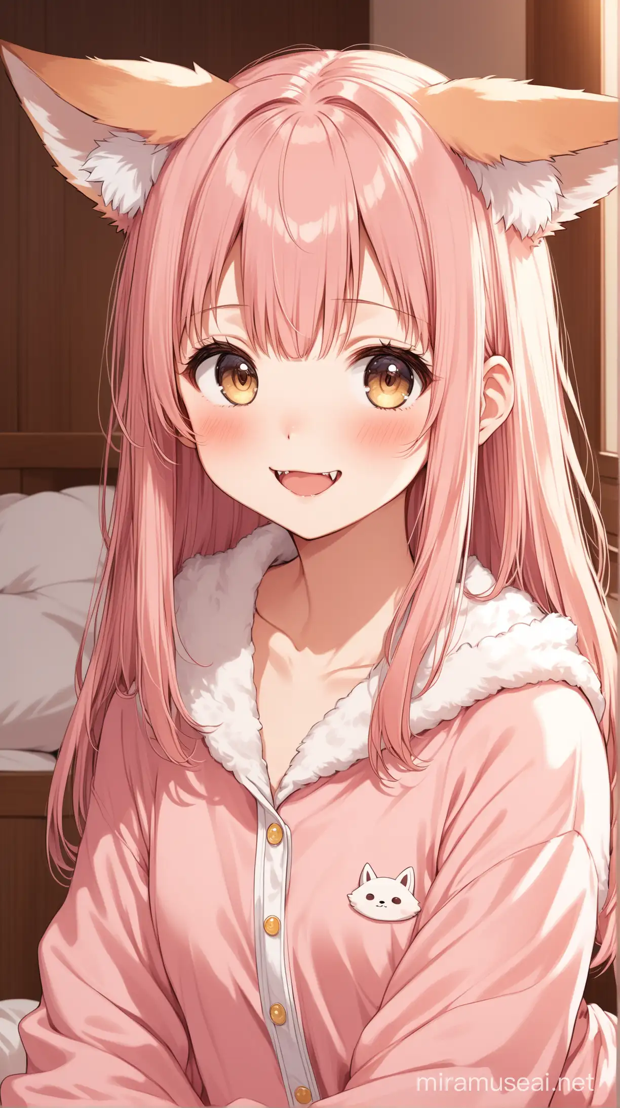 Asuka Kurashina, High-quality anime illustration of a young anime girl, Fennec Fox ears, light pink hair, long straight hair down with straight blunt bangs and straight side bangs, golden eyes, wearing cute and comfy pajamas, detailed hair, cute and kawaii expression, cozy atmosphere, anime, detailed eyes, fluffy design, professional, 8k, hd, high resolution, best quality, warm lighting, cute, smiling at viewer, adorable, innocent, white background, fang tooth, mouth open