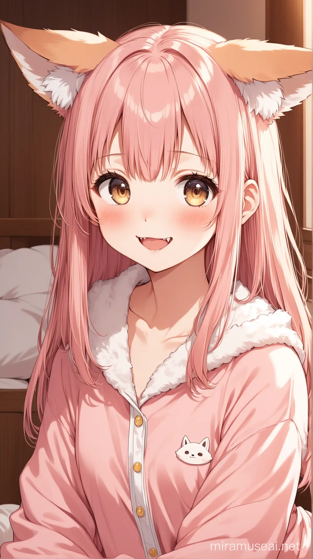 Anime Girl Asuka Kurashina in Cozy Pajamas with Fennec Fox Ears