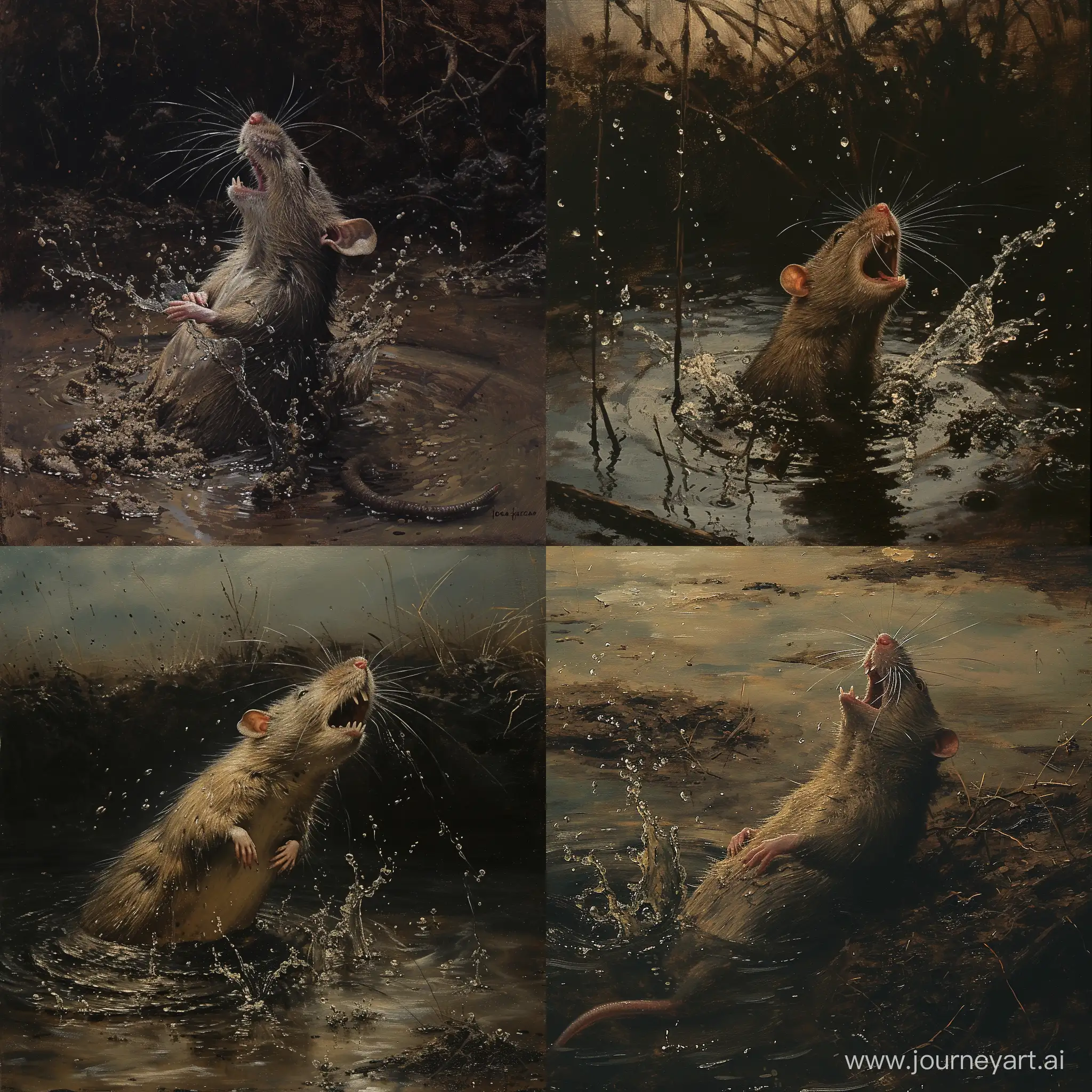 A rat drowns in a swamp, body under water,  screams in despair, fear, looking up,  coast, splash water, (from bottom:1.2), from side, from afar, black water, dirt, oil on canvas, (ivan shishkin:0.1),   <lora:ClassipeintXL2.0:0.3> ,best quality, high resolution, extreme detail, outstanding composition, masterpiece,