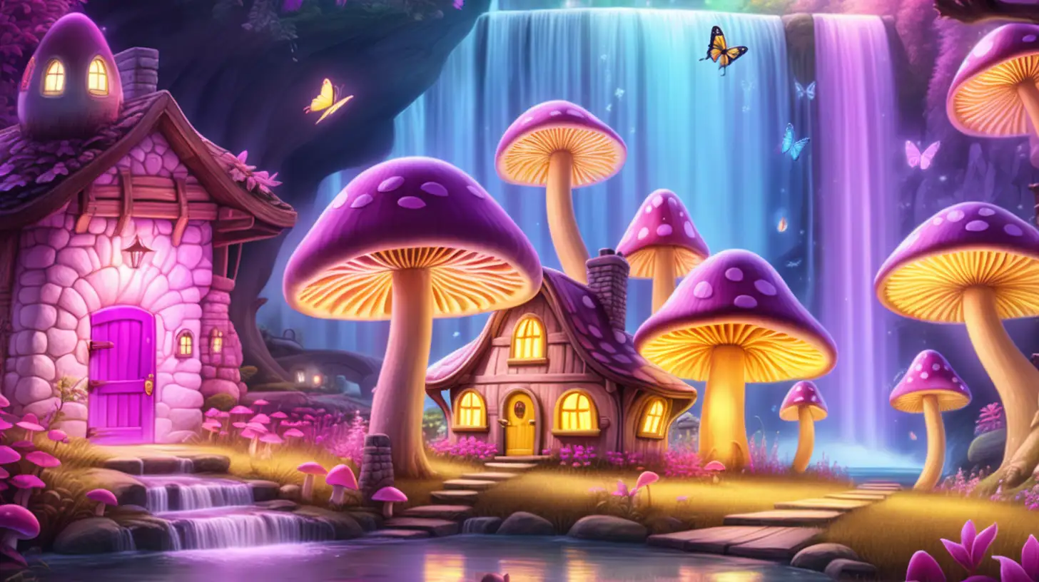 magical rainbow glowing mushroom village with purple mushroom windows and doors and a chimney in a garden of pink and glowing yellow honeysuckle by a waterfall and butterflies