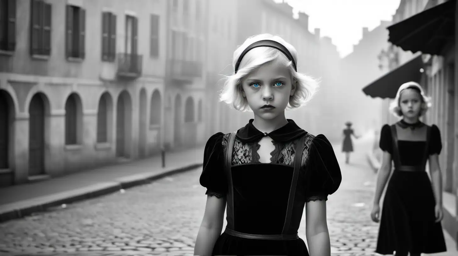 photo of a young little 8yr girl
Black and white photography
fog
diffuse light 
hd ,8k,realistic,photorealistic,photography,ultra-detailled,high resolution,Canon Eos R5,dslr,ISO 100,Shutter speed 1/1000

A wealthy young little 8yr girl, she is wearing a fancy black velvet high necked long sleeved 1930s gown, she is wearing a black leather short dress, she has white-blonde hair and pale blue eyes, she is wearing a black lace hat, she is walking down a historic French city waterfront street, she has an angry expression, behind her are two younger white-blonde women in short-sleeved black 1930s voile white dress, tights, and heels