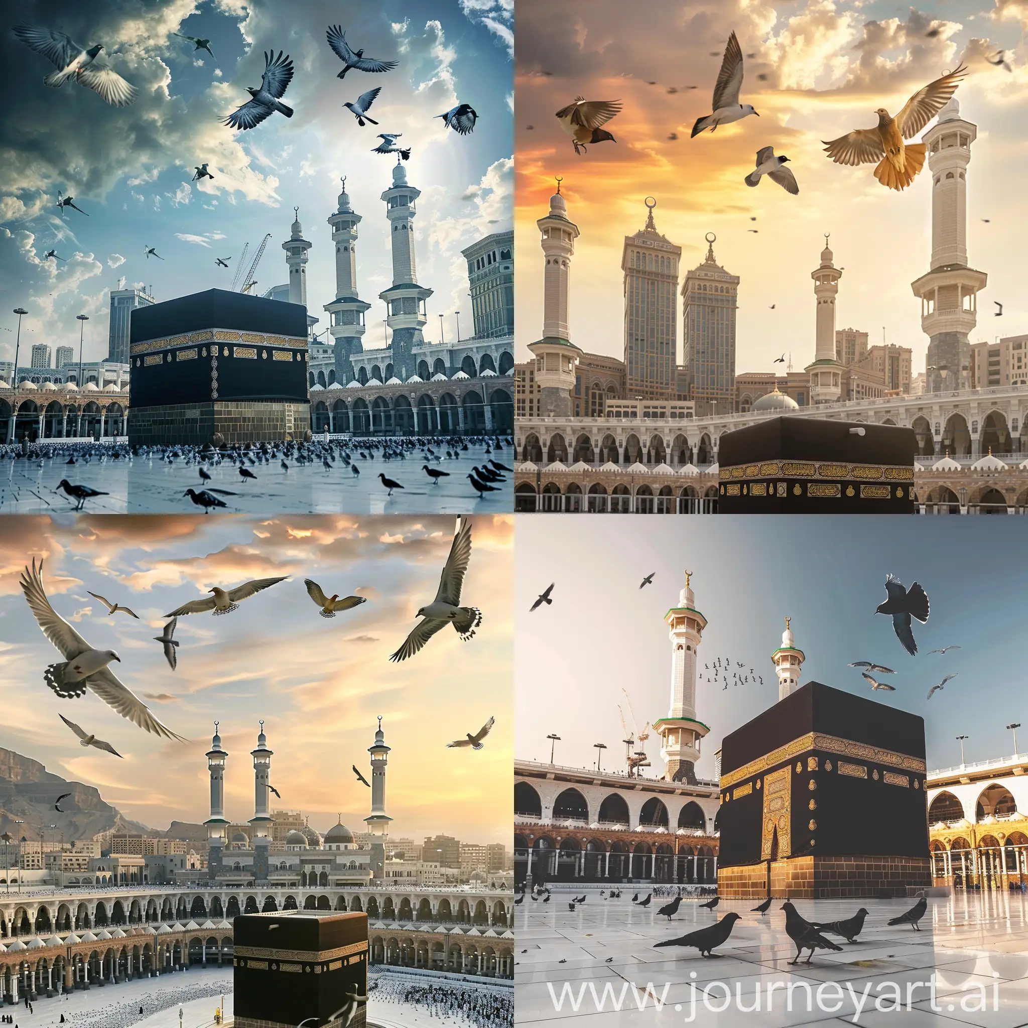 Kaaba-and-Birds-Sacred-Mosque-in-Mecca-with-Flying-Birds