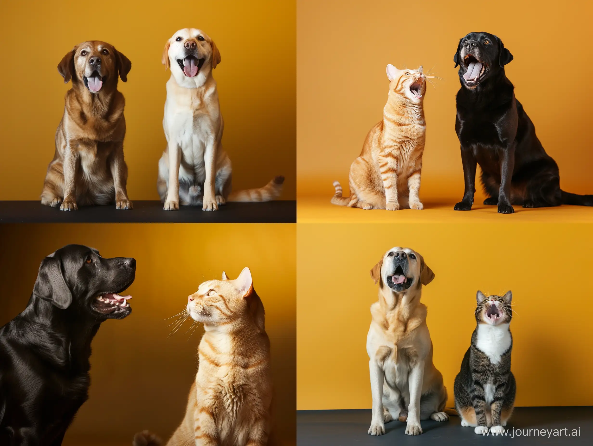 Labrador retriever dog panting and ginger cat sitting  in front of dark yellow background