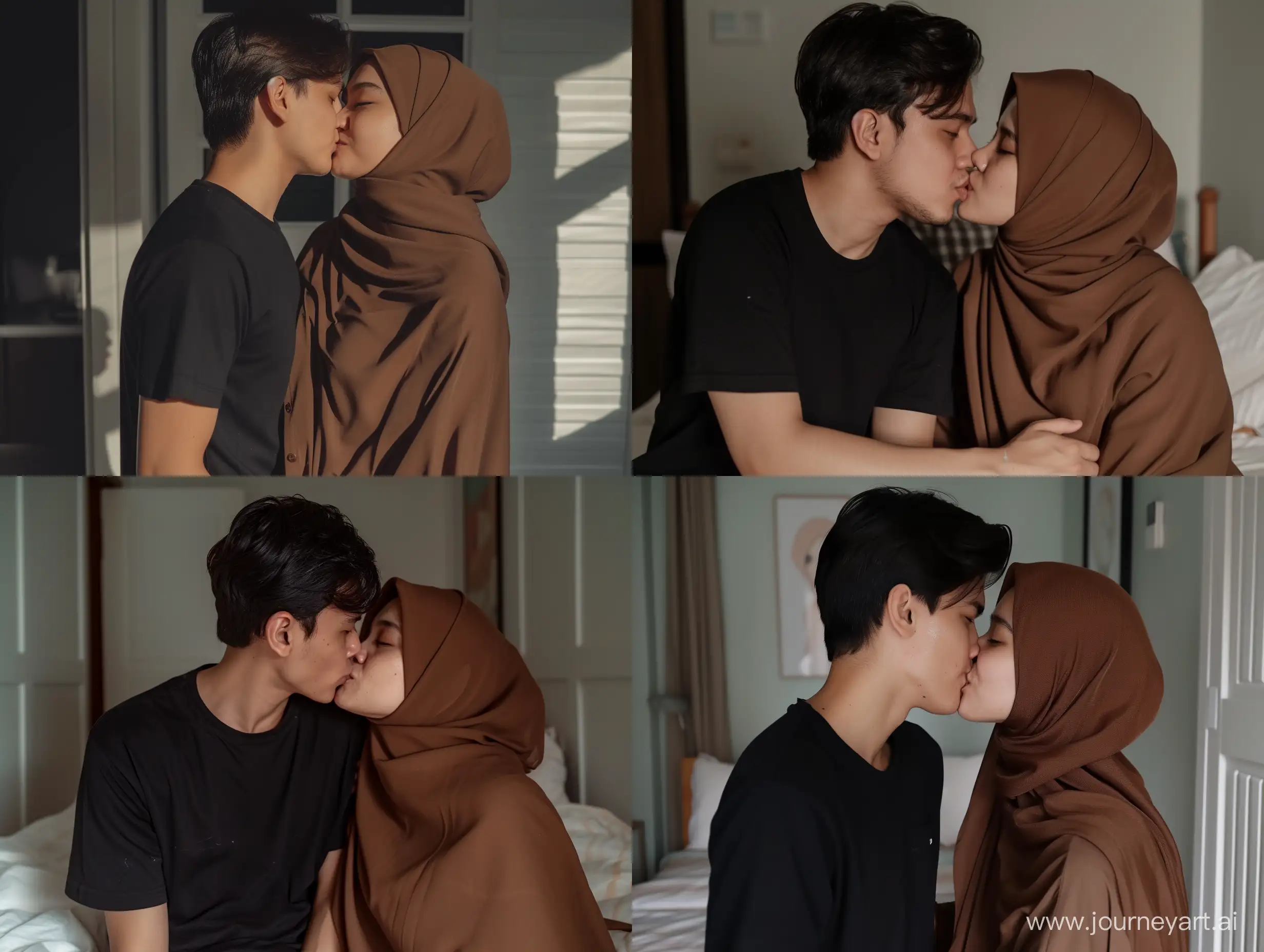 A 30 year old young man wearing a black t-shirt and a 29 year old Indonesian woman wearing a brown hijab, are making out in the room, front view, movie horor scene