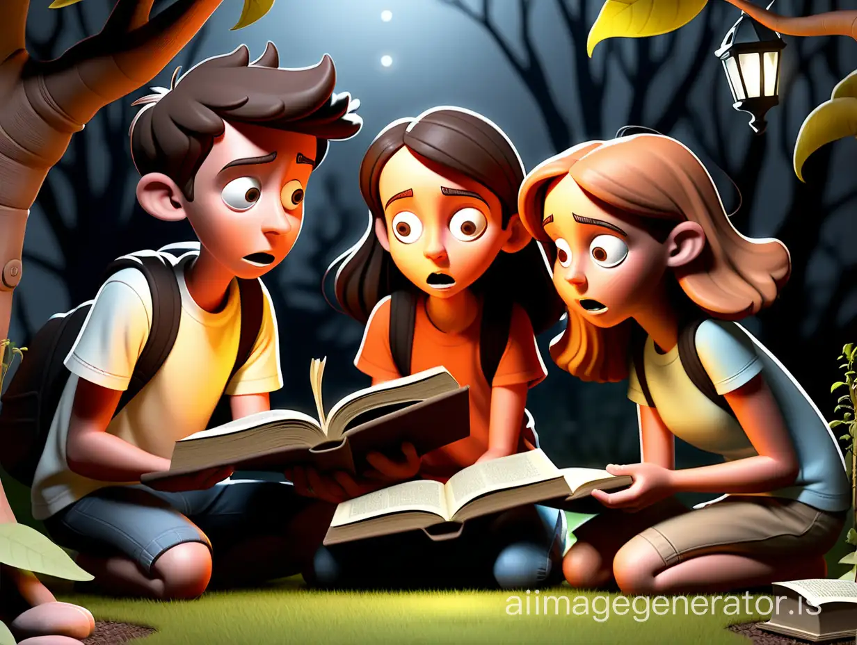 Illustrate the three friends finding the mysterious book in their backyard, setting the stage for their adventure