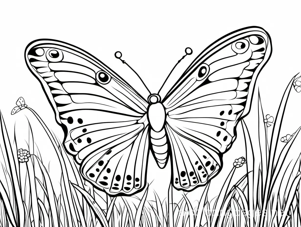 Butterfly-in-Meadow-Coloring-Page-for-Kids-Simple-Black-and-White-Line-Art-on-White-Background