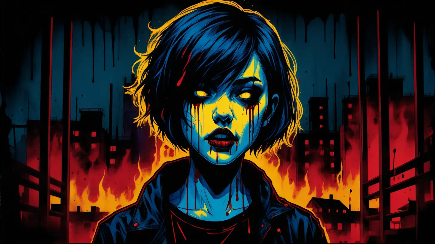 A simplistic artwork depicting a Goth girl, Short hair, Red neon lights, wrecked hotel, Covered in blood, fangs, minimalistic painting, yellow and blue mist ink design, smoke ink style, straightforward black drawings, streaming outline, dark backdrop, high contrast --ar 16:9 --s 150 --style raw
