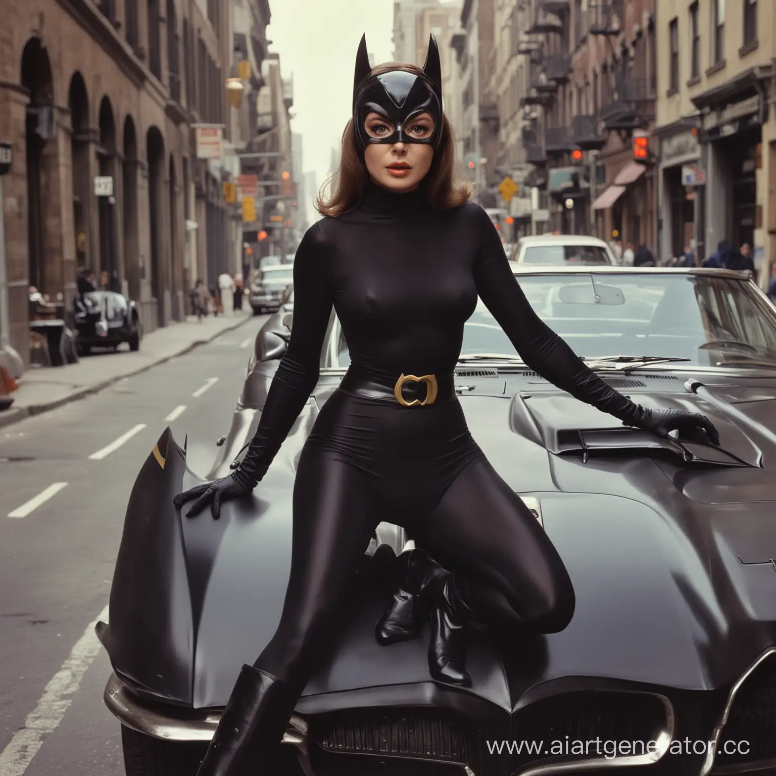 1966 catwoman julie newmar actress spandex tights boots gloves eye mask color photo batmobile street