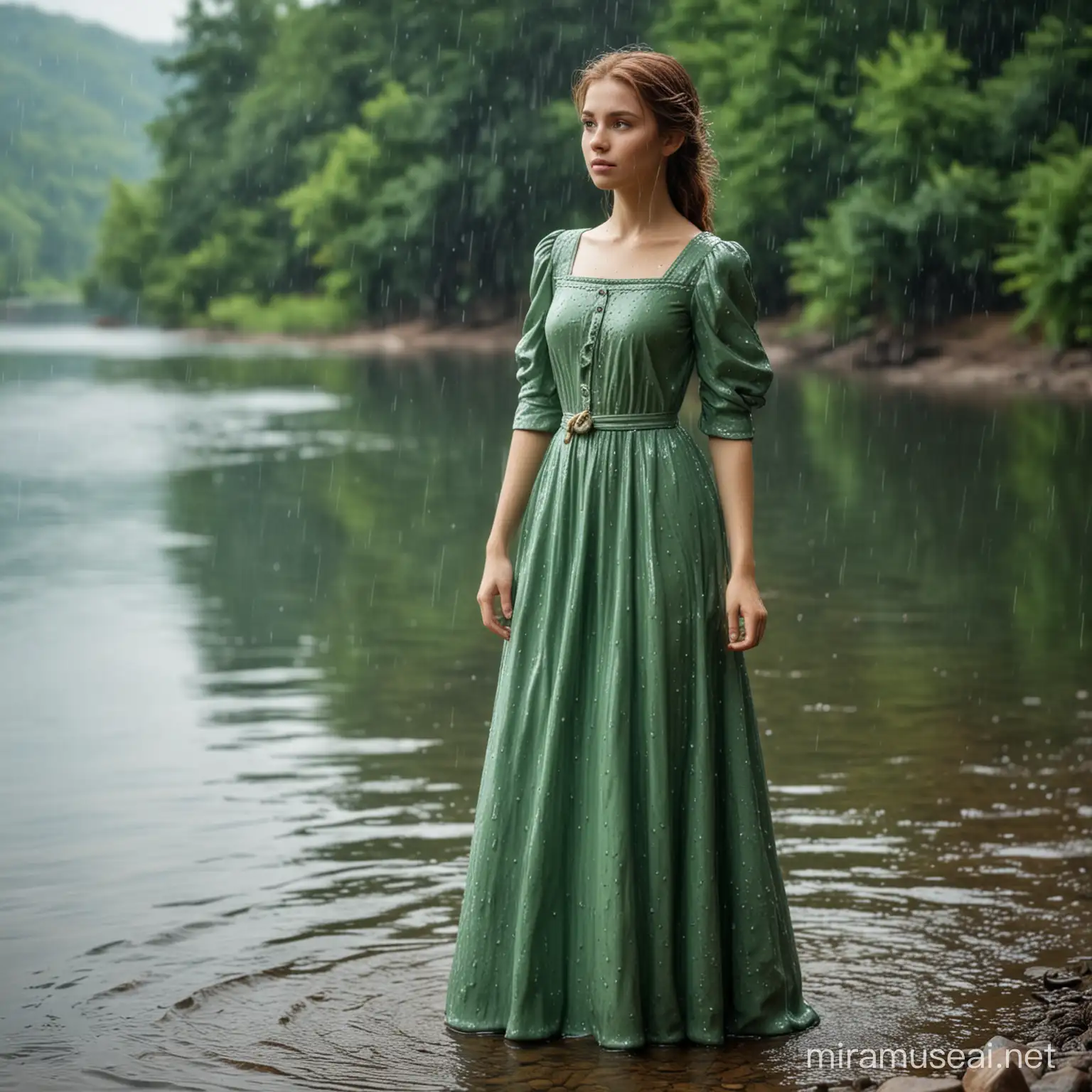 Beautiful ceramic girl in green dress standing by the lake under the rain