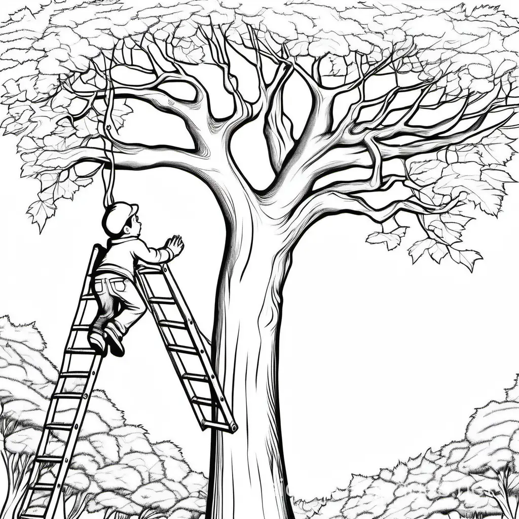 Tree Climbing: Climbing a tall tree, looking over the forest., Coloring Page, black and white, line art, white background, Simplicity, Ample White Space. The background of the coloring page is plain white to make it easy for young children to color within the lines. The outlines of all the subjects are easy to distinguish, making it simple for kids to color without too much difficulty
