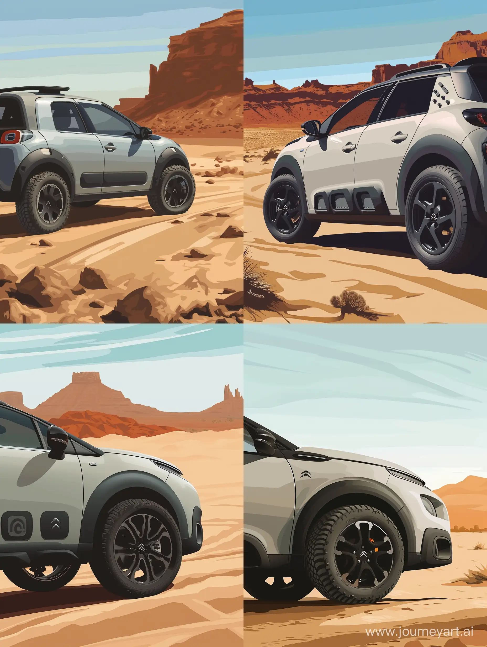 Silver gray 2015 model Citroen C4 Cactus vehicle with black rims, in the desert, illustration wallpaper