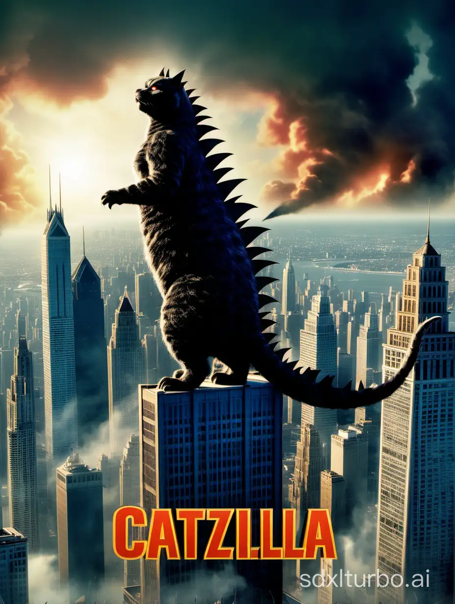 movie poster of catzilla standing on top of a skyscraper cinematic