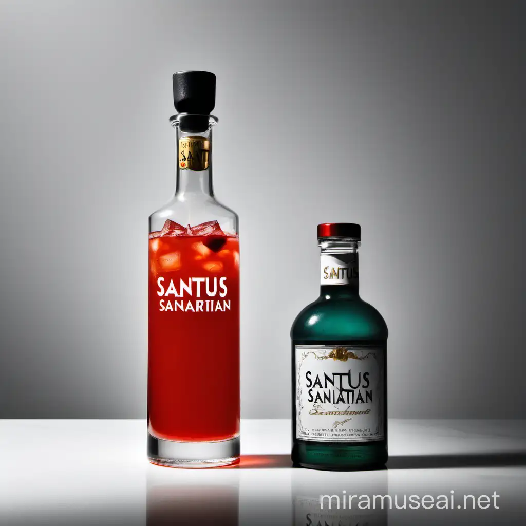 A cocktail by the side of a classy bottle with the brand name "Santus Sanitarian"
