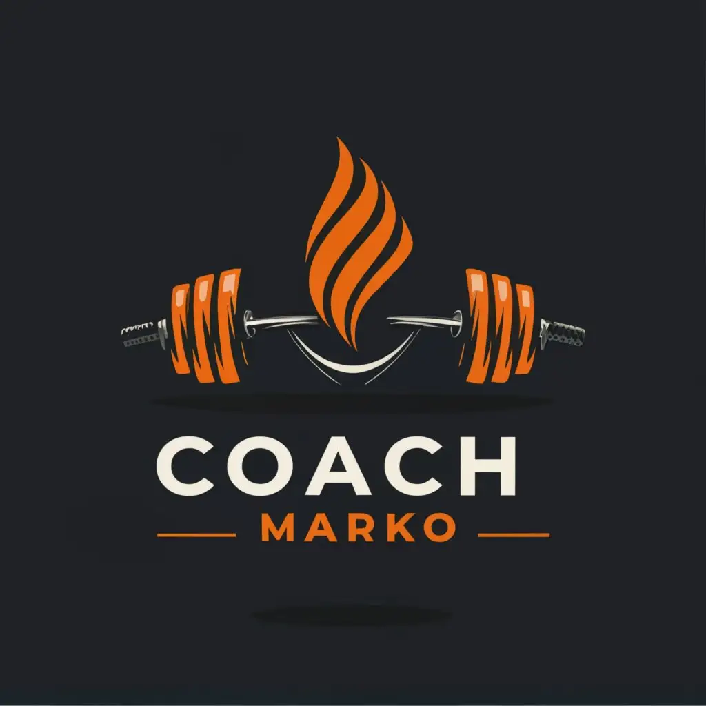 a logo design,with the text "Coach Marko", main symbol:Barbell, olympic flame, ,Minimalistic,be used in Sports Fitness industry,clear background
