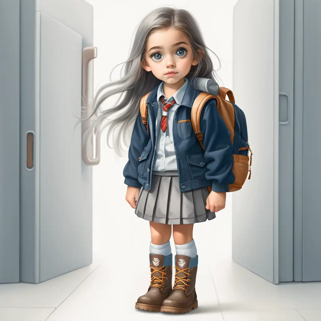 Little white school aged girl with big gray eyes long hair wearing skirt shirt and jacket with boots and backpack