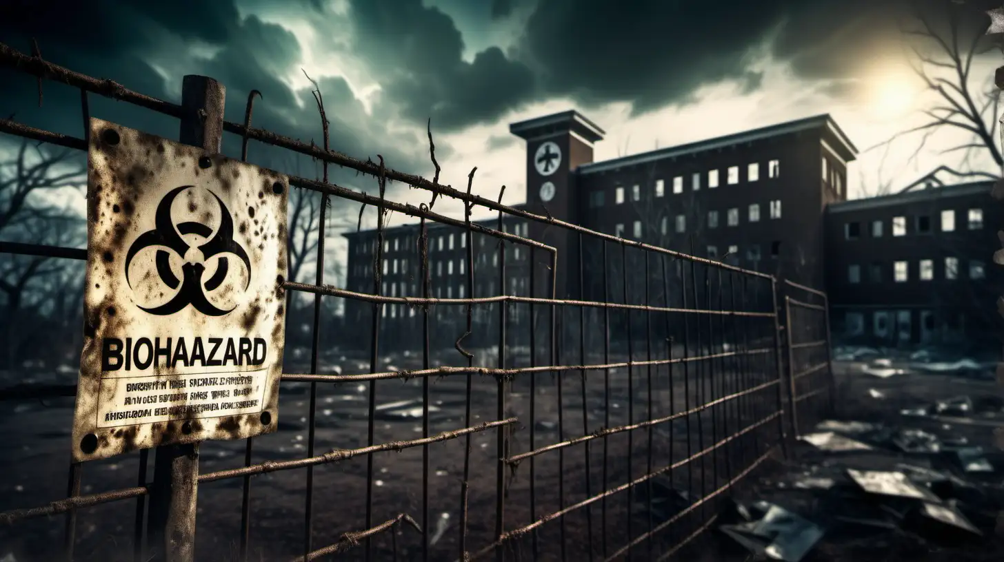 A dirty biohazard sign on a fence sits in the foreground of an old abandoned post-apocalyptic hospital, put the hospital in the background blurred so the focus is on the biohazard sign, extreme detailed digital art, dramatic lighting 