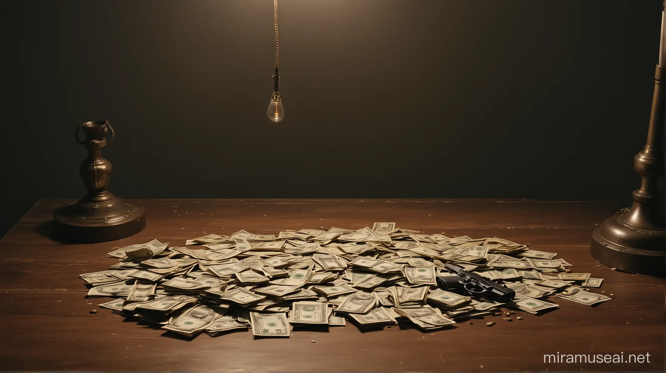Dimly Lit Wooden Table with Cash and Guns Under a Hanging Lamp