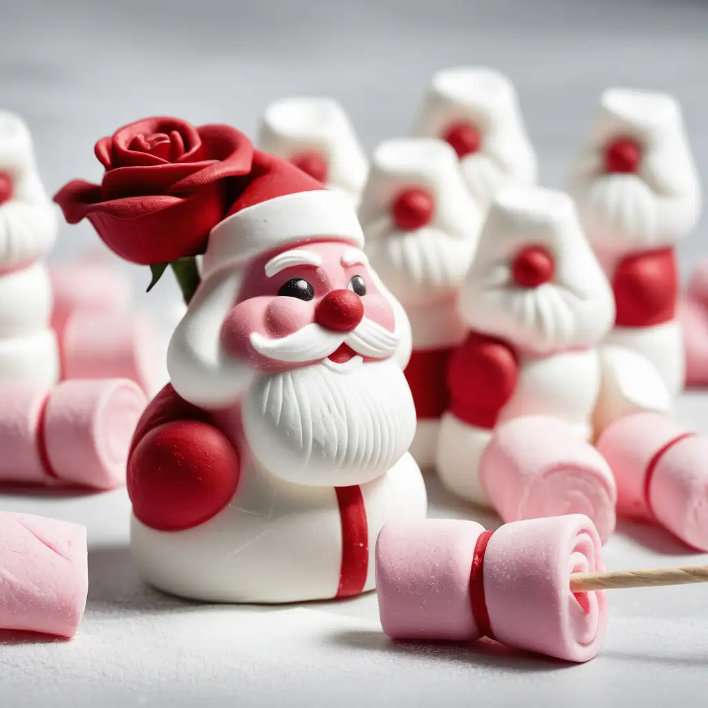 A swedish "skumtomte", the white and pink marshmallow candy in the shape of santa claus celebrating and holding on to a red rose.