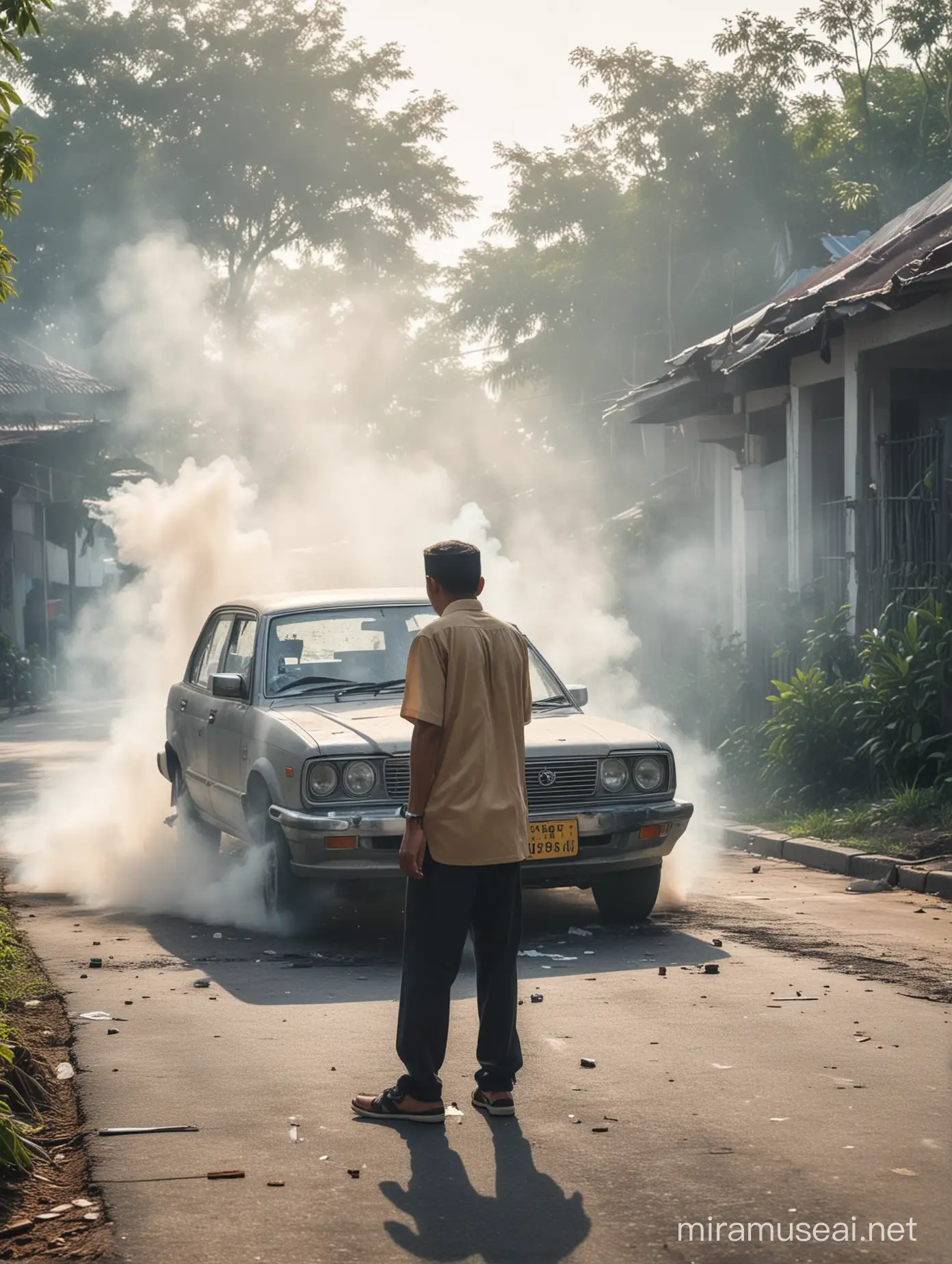 a Malay man stood looking at his damaged paper on the side of the road. There is smoke coming out of the front bonnet of the car. Men wear baju malay and wear songkok. The background of Malay housing estates. the atmosphere in the morning and the rays of the morning sun.