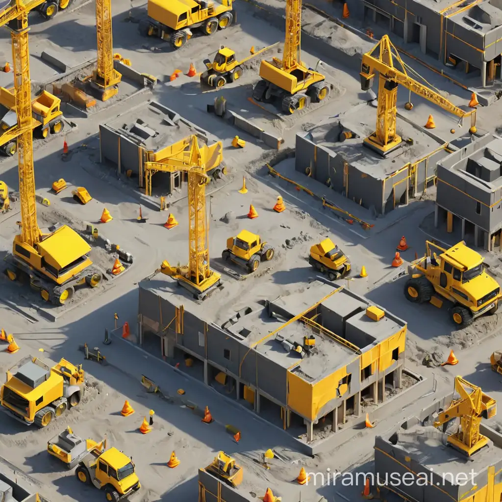 3d cartoon style construction site, bright day, yellow, black and grey shades