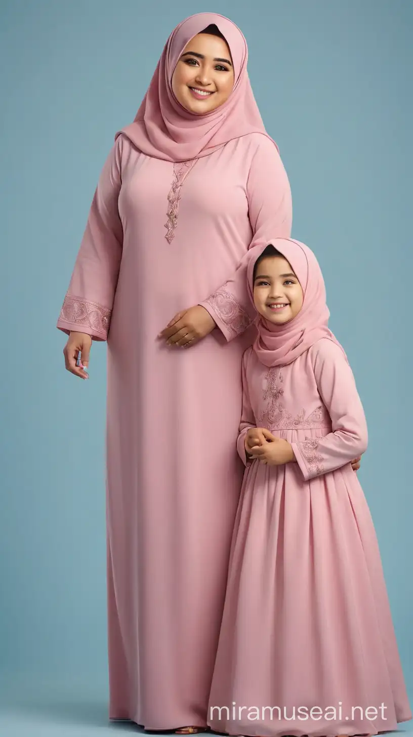 Happy Islamic fat mother and her lovely daughter wear pink dress standing in studio over blue background, full length shot and her husband proposing her.