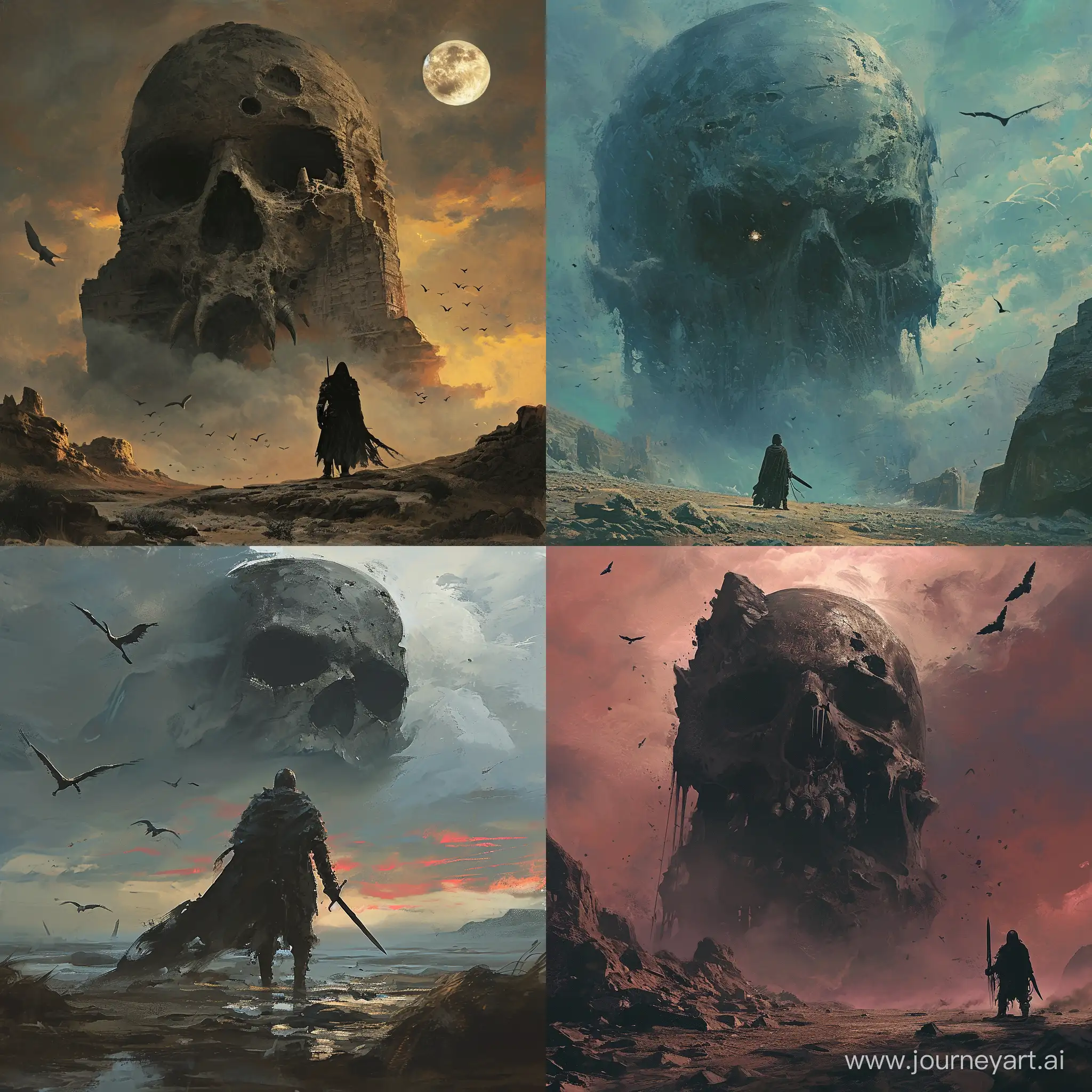 Illustration, ::1.5. a warrior stands in a desolate land with a giant skull looming above them. The warrior is equipped with a sword and shield, there is a skull with glowing eyes in the background. The scene is set at dusk, there are crows flying around. --v 6