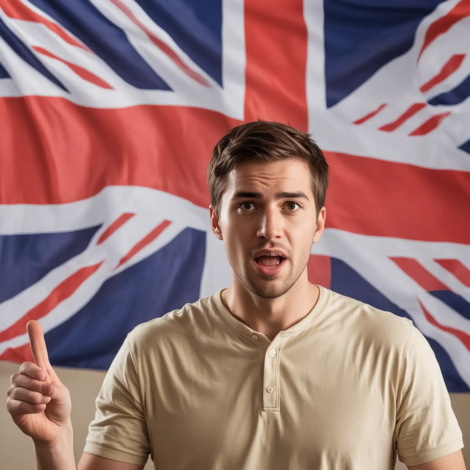 zdjęcie przedstawia mężczyznę mówiącego po angielsku w tle znajduje się brytyjska flaga całość sugeruje że jest to kurs języka angielskiego dla początkujących