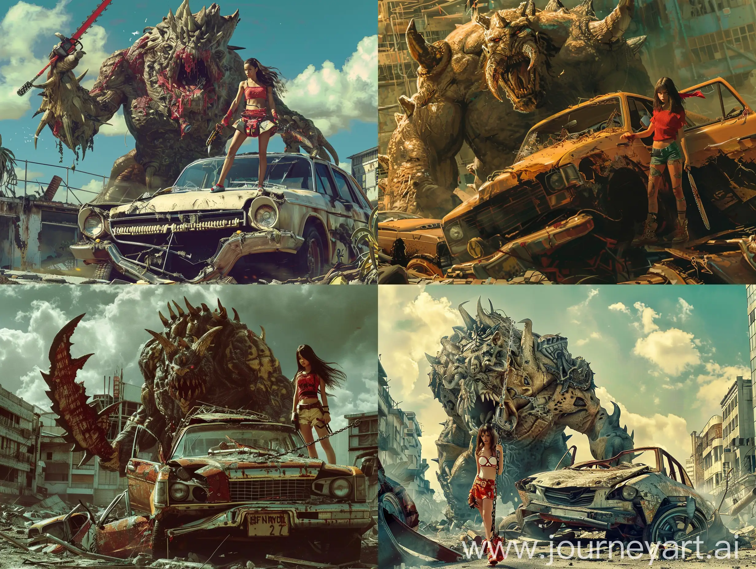 movie still, car junkyard, girl standing on the hood of a broken car, holding a chainsaw, Beautiful fantasy art. Female Warrior girl rules alongside enormous wicked creature . In the style of Luis royo —style raw