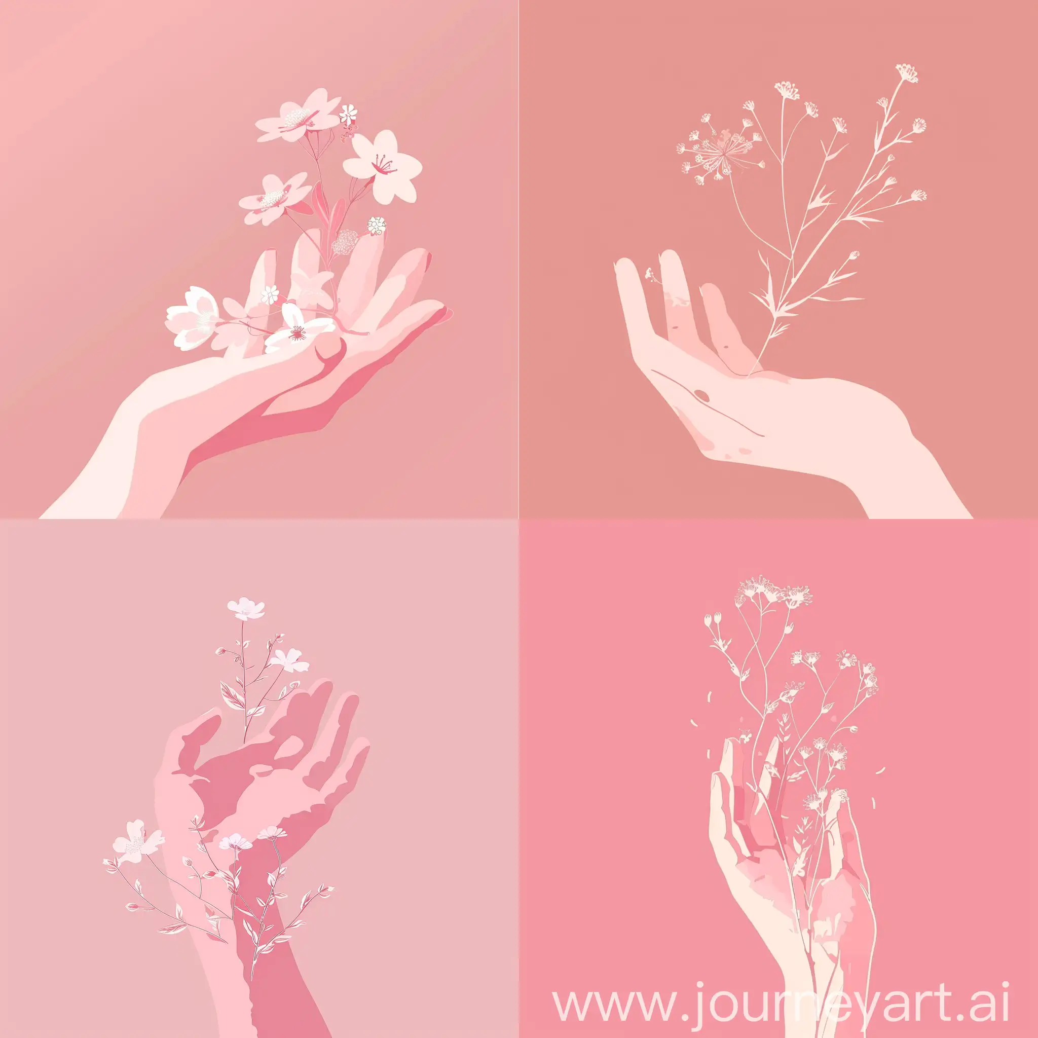 vector illustration, minimalism, a beautiful hand holds flower inflorescences in the palm, image in pink color
