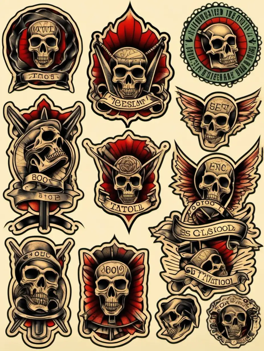 Colorful Sticker Set Banner with Classic Tattoo Designs