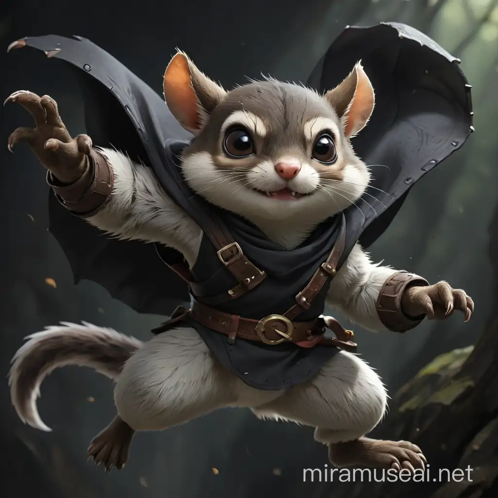 dungeons and dragons,fantasy,magical ninja  flying squirrel,covered with black shadows,background is dark

