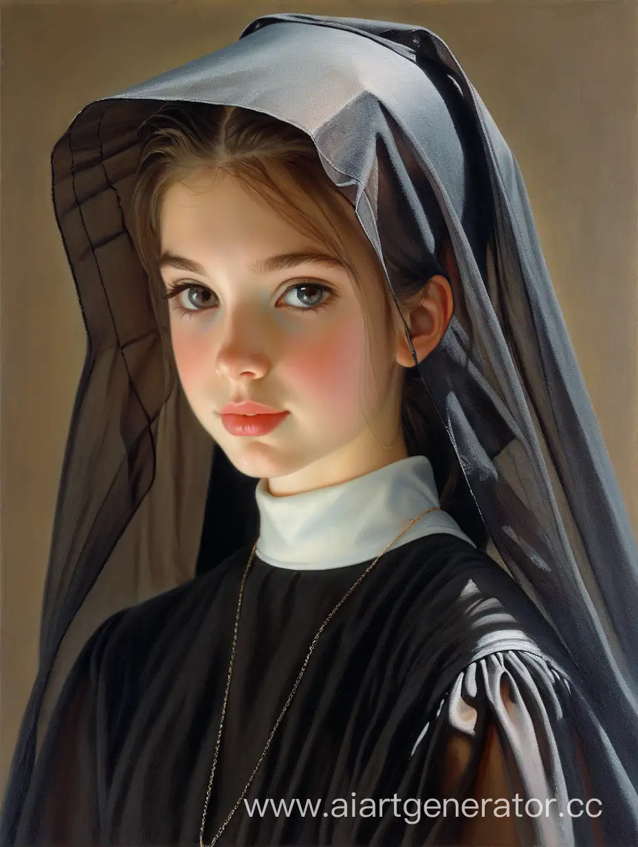 Vladimir Gusev oil painting of a beautiful young lady with the entire head covered by dark brown organza fabric, wearing a nun dress
