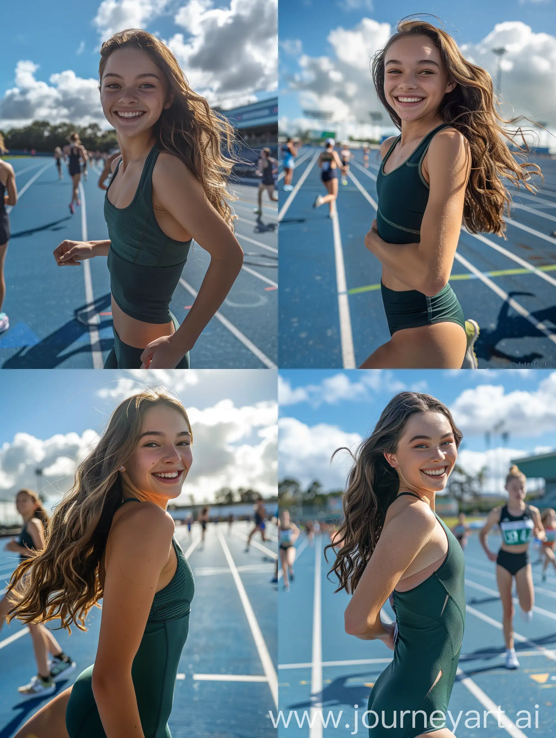 A rear and side view shot of a smiling fit beautiful caucasian female teenager, running, dark green sports leotard, sneakers, sunny and blue sky with clouds, athletics blue track, long wavy dark blond hair, she turns her head to look into the camera, other athletes in the background, little headroom --ar 3:4 --style raw --stylize 200