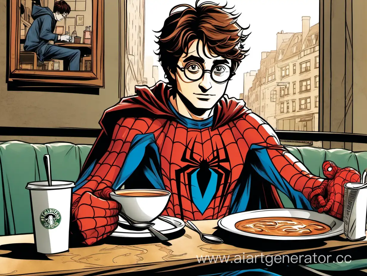Harry Potter in a Spider-Man costume, eating soup, sitting at a table in a coffee shop