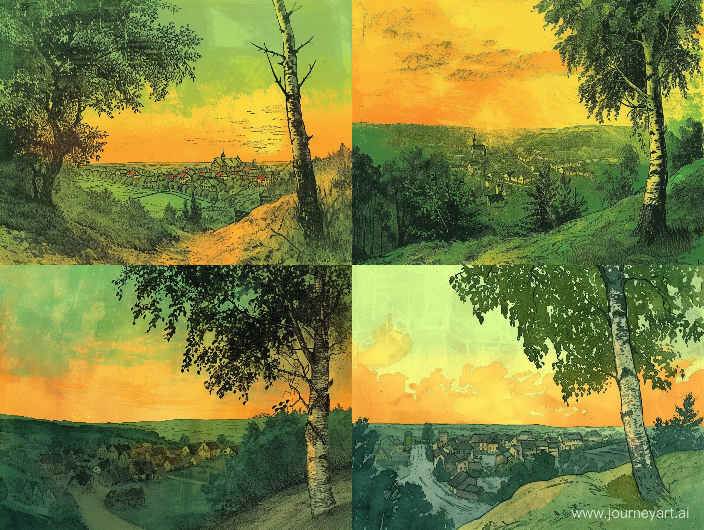The landscape of the village in the style of an old illustration. The village is visible from a small hill, a birch tree next to the viewer (right side). Sunset, in green-yellow-orange tones.