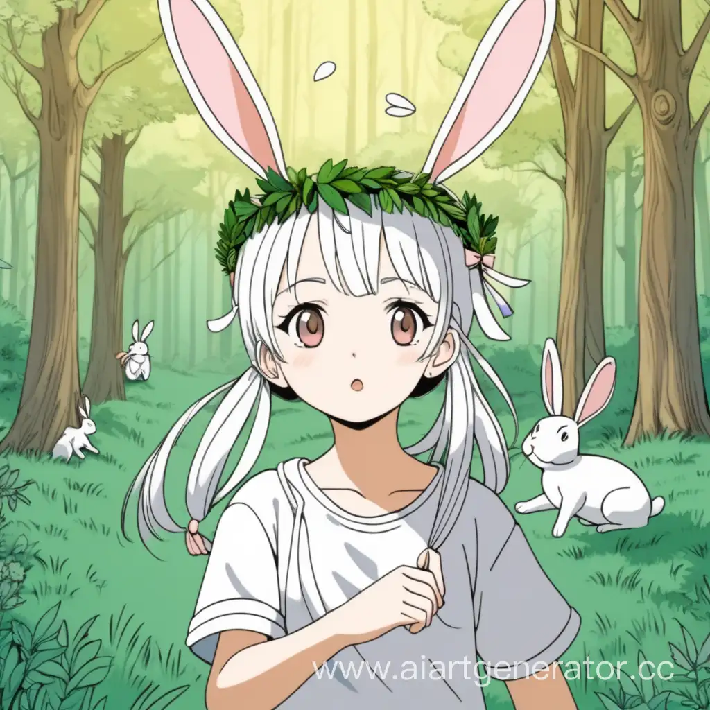 девушка с венком на голове на фоне леса с бегающими кроликами в стиле аниме 