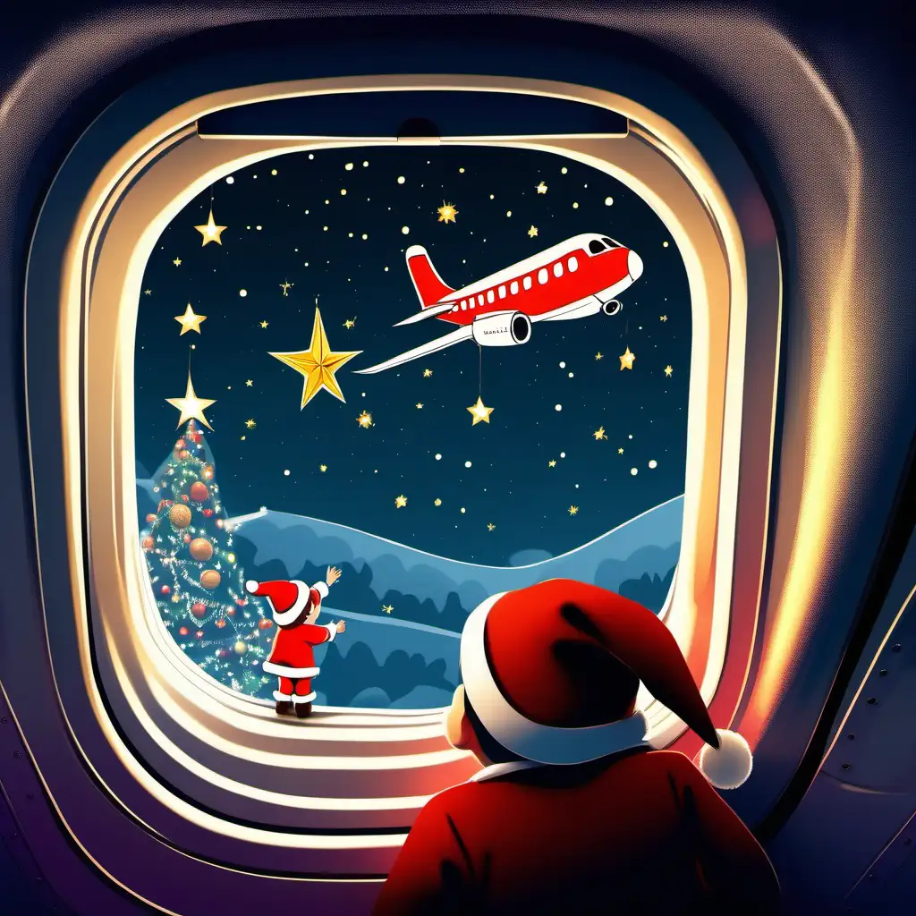  Child looking in the window of an airplane at night at a sleigh with Santa Claus and a shooting star