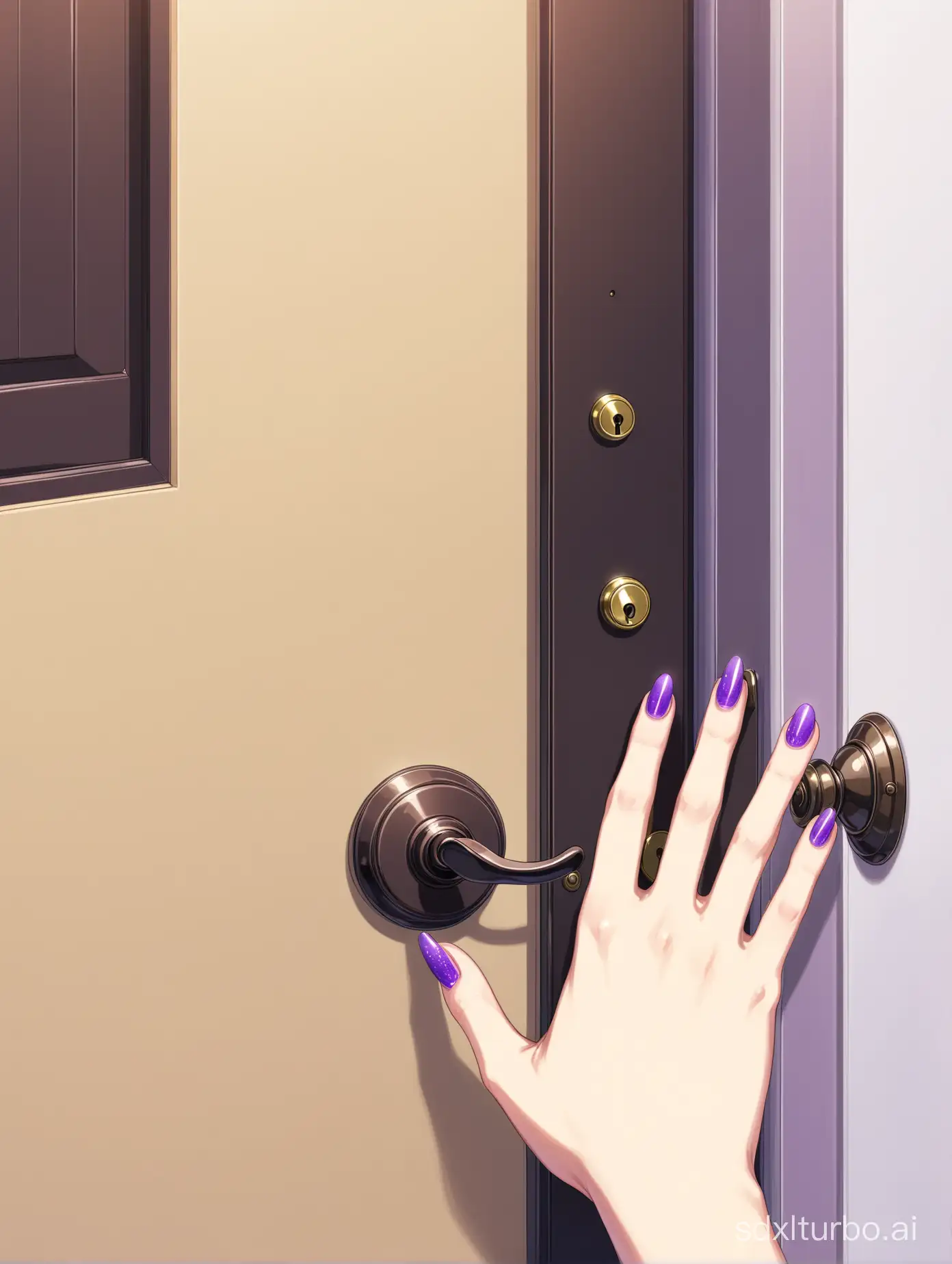 anime style, a woman's hand reaches out and rings the doorbell to a suburban house, purple fingernails, sleeveless