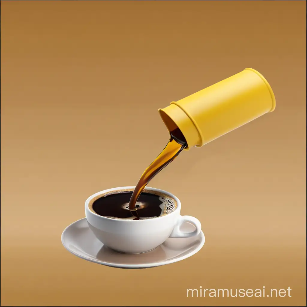 一个圆柱形的黄色的水桶流出棕色的液体到咖啡杯中，咖啡色背景，无多余元素，简约风格，